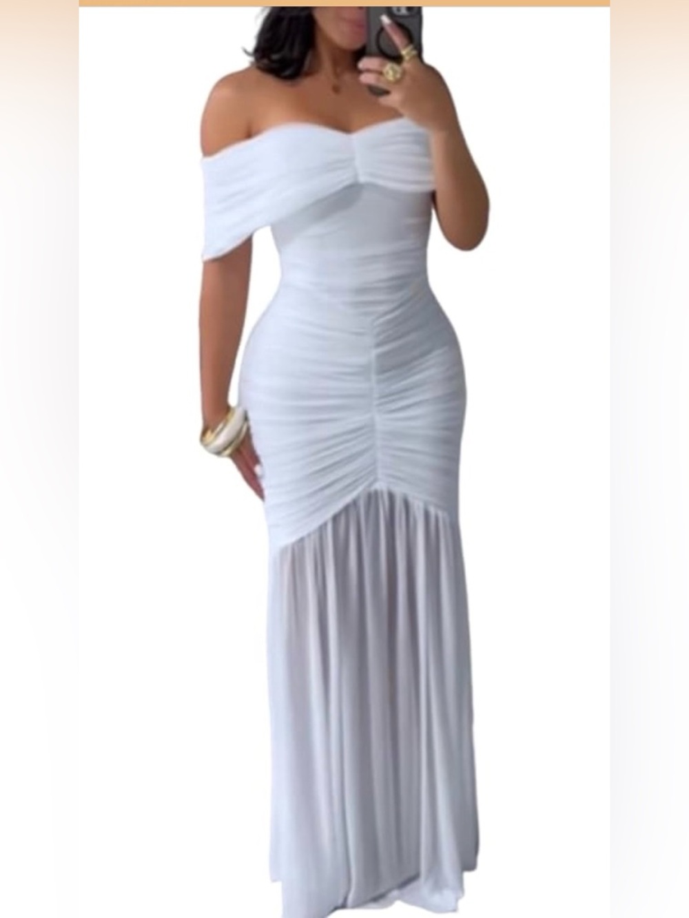 CBR White Off-Shoulder Ruched Maxi Gown